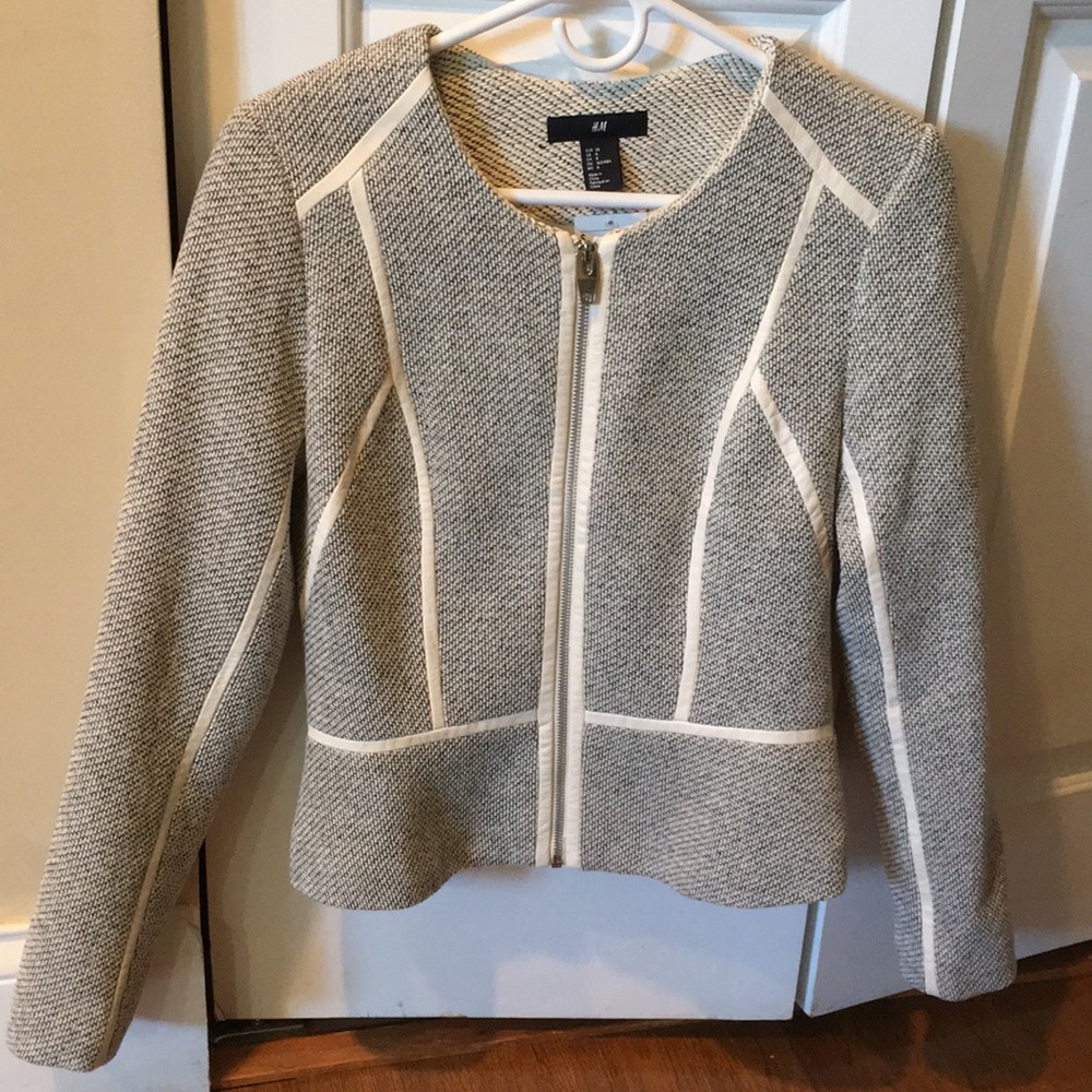 Leather trim (faux) jacket, NWT, gray and cream